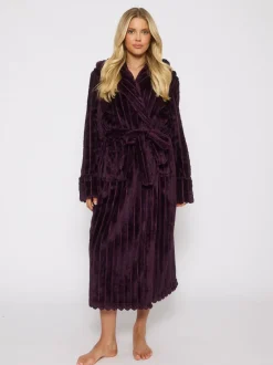 Badjassen*Loungeable - Plush Ridged Fleece Midi Hooded Dressing Gown Paars