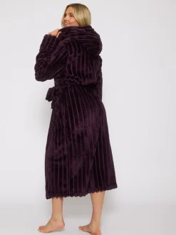 Badjassen*Loungeable - Plush Ridged Fleece Midi Hooded Dressing Gown Paars