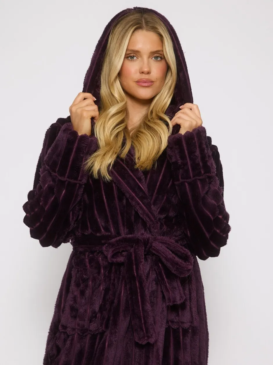 Badjassen*Loungeable - Plush Ridged Fleece Midi Hooded Dressing Gown Paars