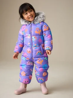 Jassen, Jacks En Kinderwagenpakjes|Jassen En Jacks|Next - Regenbestendig sneeuwpak met imitatiebont (3mnd-7jr) Paars met figuurtjes