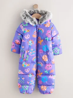 Jassen, Jacks En Kinderwagenpakjes|Jassen En Jacks|Next - Regenbestendig sneeuwpak met imitatiebont (3mnd-7jr) Paars met figuurtjes