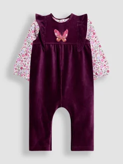 Jumpsuits En Playsuits*Jojo Maman Bébé - Appliqué Velour Dungarees & Top Set Paars met vlinderprint