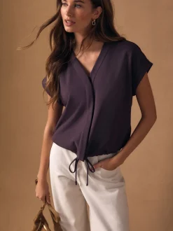 Blouses En Overhemden*Next - V-Neck Short Sleeved Tie Waist Top Paarsblauw