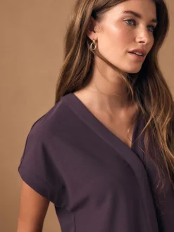 Blouses En Overhemden*Next - V-Neck Short Sleeved Tie Waist Top Paarsblauw