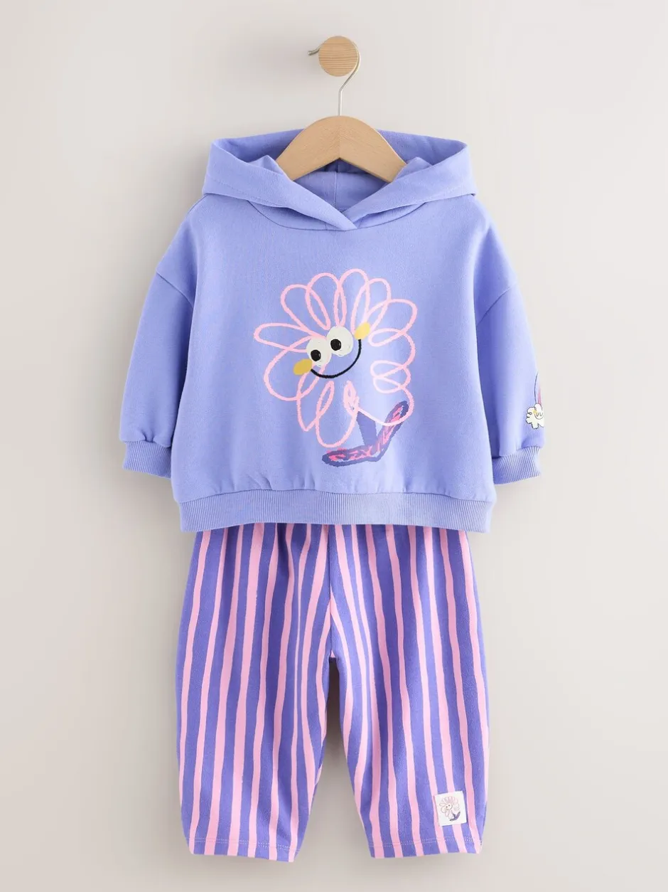 Sets En Combisets|Truien En Breisels|Next Paarse gestreepte bloem - Set met hoodie en joggingbroek met rechte wijde pijpen (3mnd -7jr)