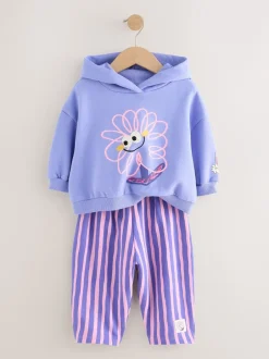 Sets En Combisets|Truien En Breisels|Next Paarse gestreepte bloem - Set met hoodie en joggingbroek met rechte wijde pijpen (3mnd -7jr)