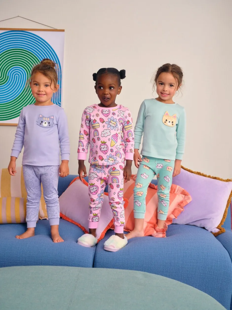 Multipacks|Nachtkleding En Pyjama's|Next - Verpakking van 3 knusse pyjama's (9 mnd-10 jr) Paarse kattenprint