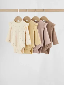Rompertjes En Hemdjes*Next - Verpakking van 4 babyrompers met lange mouwen en ruches (0mnd-2jr) Paars/geel/crème met fijne print