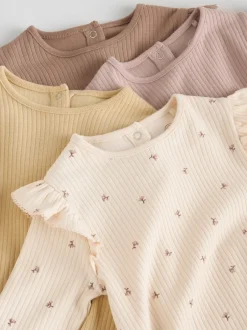 Rompertjes En Hemdjes*Next - Verpakking van 4 babyrompers met lange mouwen en ruches (0mnd-2jr) Paars/geel/crème met fijne print