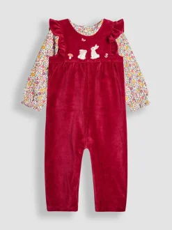 Jumpsuits En Playsuits|Jojo Maman Bébé - Appliqué Velour Dungarees & Top Set Paarsrood met konijnenprint