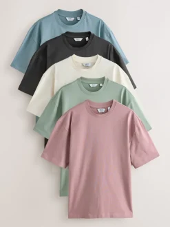 T-Shirts En Hemden|Next - Set van 5 ruimvallende dikke T-shirts PastelGroen/Blauw/Ecru/leigrijs/Roze