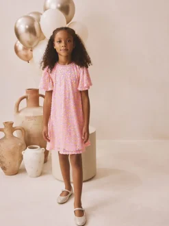 Gebreide Kleding|Jurken|Next Pastelroze - Feestelijke jurk met engelmouwen en pailletten (3-16jr)