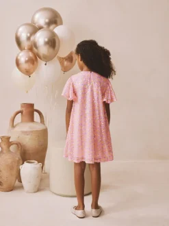 Gebreide Kleding|Jurken|Next Pastelroze - Feestelijke jurk met engelmouwen en pailletten (3-16jr)