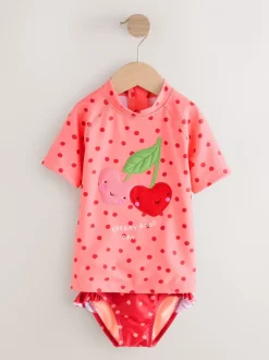 Badkleding|Badkleding|Next - Zonbeschermende zwemset met korte mouwen (3mnd-10jr) Pink/ Red Cherry