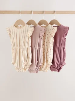 Sets En Combisets|Rompertjes En Tuinbroeken*Next - Frill Shoulder Baby Rompers 4 Pack Pink Tonal Spot and Stripe