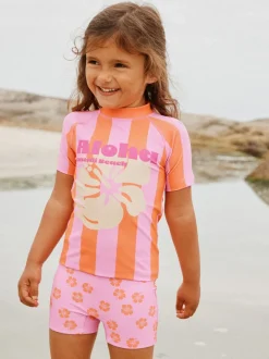Badkleding|Badkleding|Next - Zonbeschermende zwemset met korte mouwen (3mnd-10jr) Pink/Orange Stripe Hibiscus