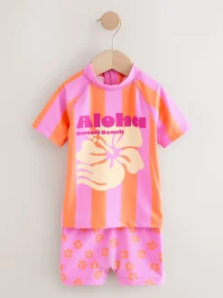 Badkleding|Badkleding|Next - Zonbeschermende zwemset met korte mouwen (3mnd-10jr) Pink/Orange Stripe Hibiscus