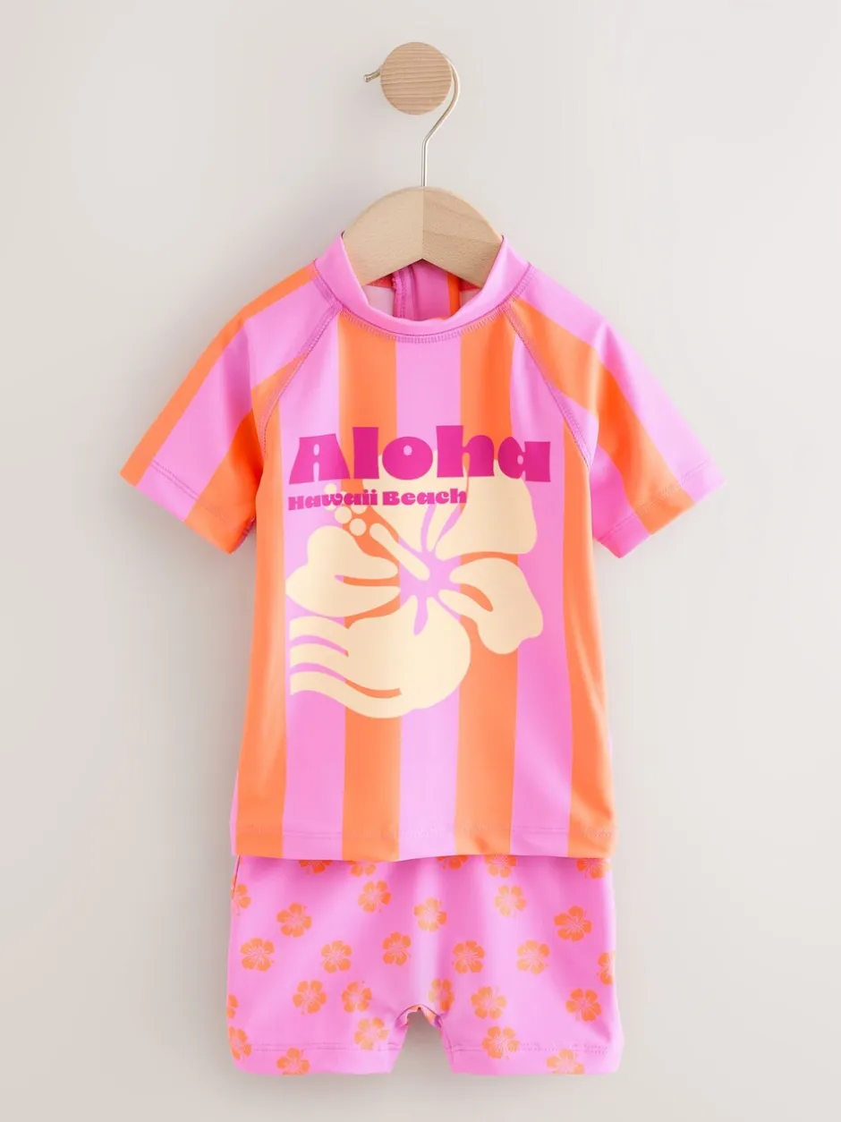 Badkleding|Badkleding|Next - Zonbeschermende zwemset met korte mouwen (3mnd-10jr) Pink/Orange Stripe Hibiscus