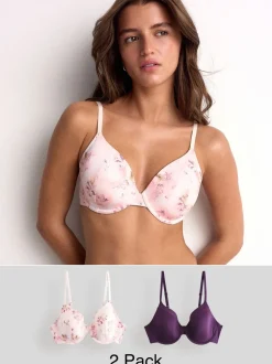 Beha's|Next Plum Purple/Floral Print - A-E Afvlakkende Ultimate Comfort Beha's 2 Verpakking