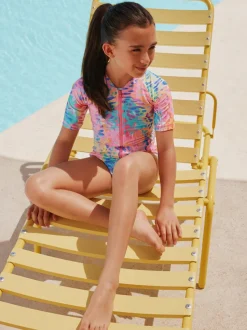 Badkleding|Next - Short Sleeved Sunsafe Swimsuit (3mths-16yrs) Rainbow Animal Tie Dye