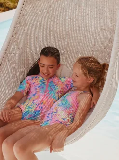 Badkleding|Next - Short Sleeved Sunsafe Swimsuit (3mths-16yrs) Rainbow Animal Tie Dye