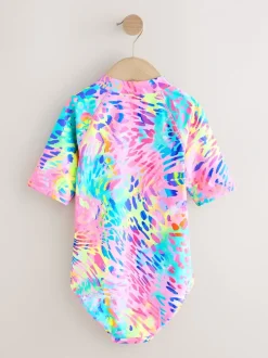 Badkleding|Next - Short Sleeved Sunsafe Swimsuit (3mths-16yrs) Rainbow Animal Tie Dye