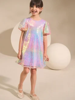 Jurken*Next Regenboog - Feestelijke jurk met engelmouwen en pailletten (3-16jr)