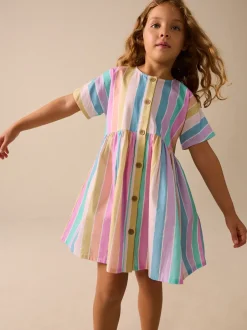 Jurken|Next - Stripe Short Sleeve Button Through Dress (3-16yrs) Regenboog