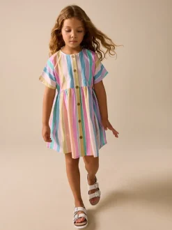 Jurken|Next - Stripe Short Sleeve Button Through Dress (3-16yrs) Regenboog