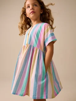 Jurken|Next - Stripe Short Sleeve Button Through Dress (3-16yrs) Regenboog