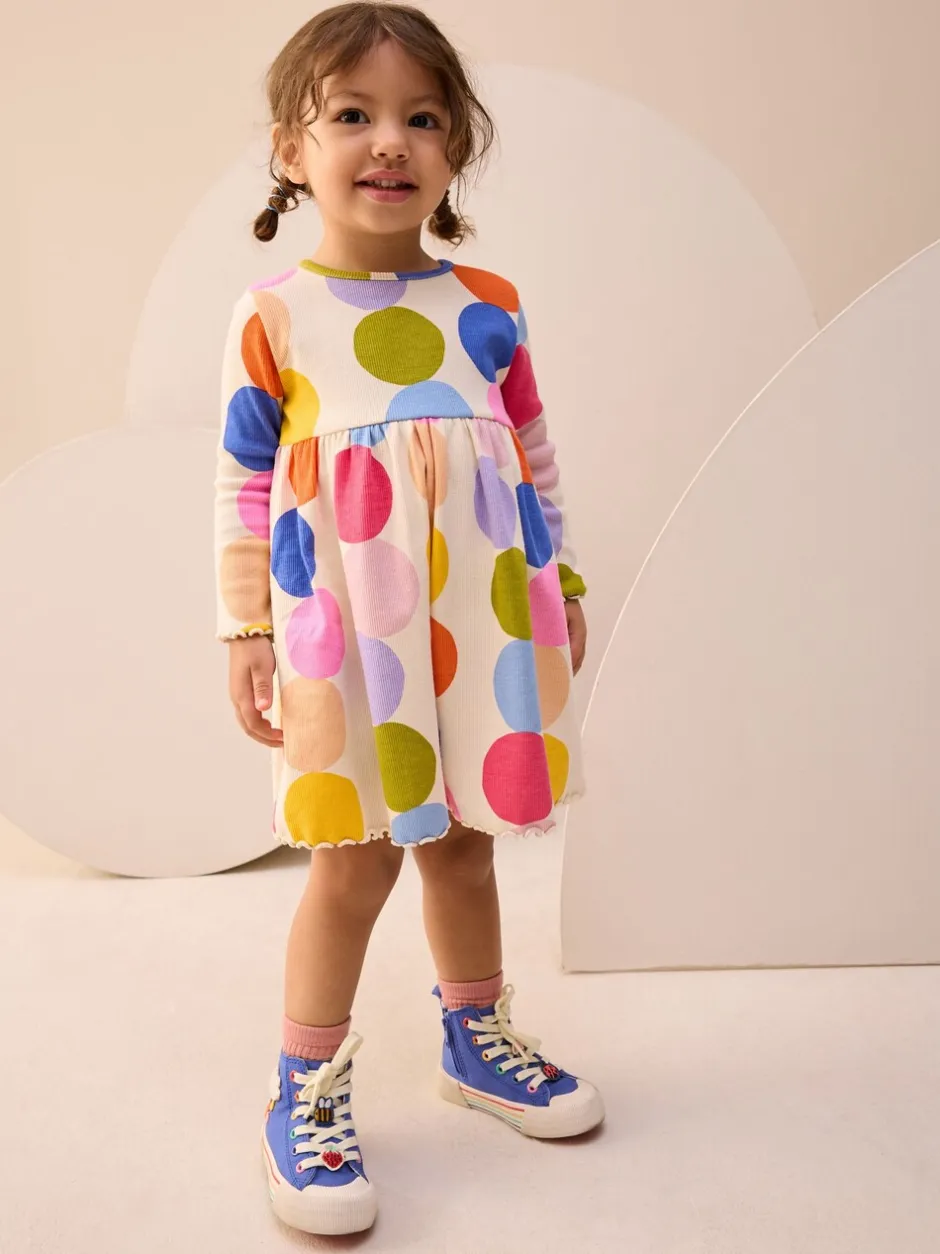Jurken|Jurken|Next Regenboogstippen - Geribbelde jurk met lange mouwen (3mnd-7jr)