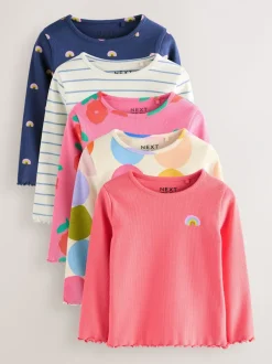 Tops|Tops|Next Regenboogstippen - Verpakking van 5 geribde tops met lange mouwen (3mnd-7jr)