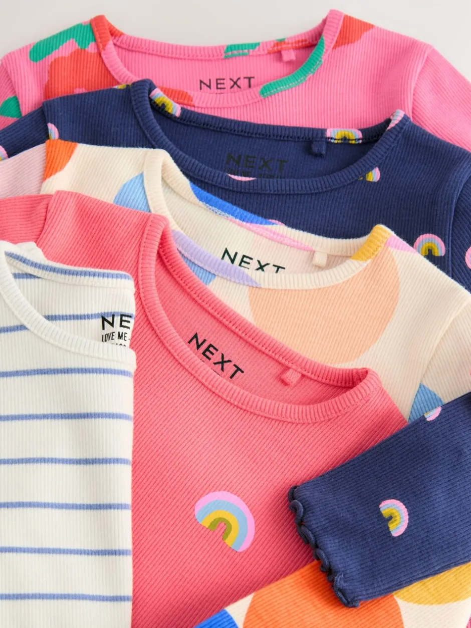 Tops|Tops|Next Regenboogstippen - Verpakking van 5 geribde tops met lange mouwen (3mnd-7jr)
