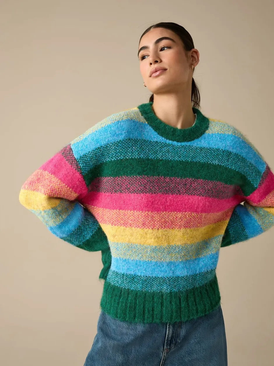 Gebreide Kleding|Next - Trui met ronde hals van wol Regenboogstrepen