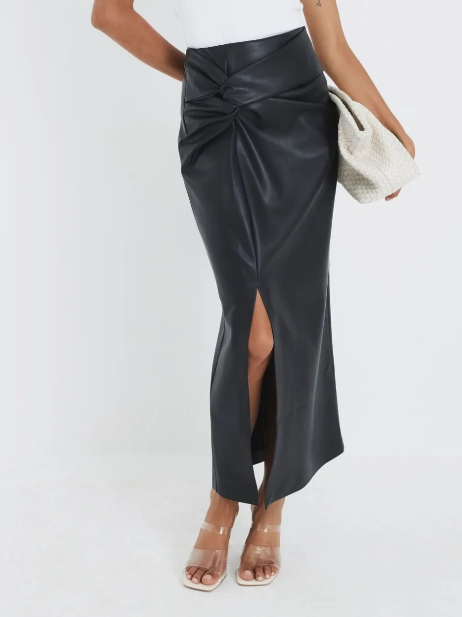 Rokken*River Island Faux Leather Twist Side Midi Skirt
