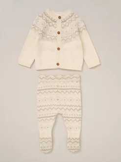 Gebreide Kleding*Rock-A-Bye Baby Boutique True Knit Fairisle Pattern White Cardigan And Footed Trousers Outfit Set