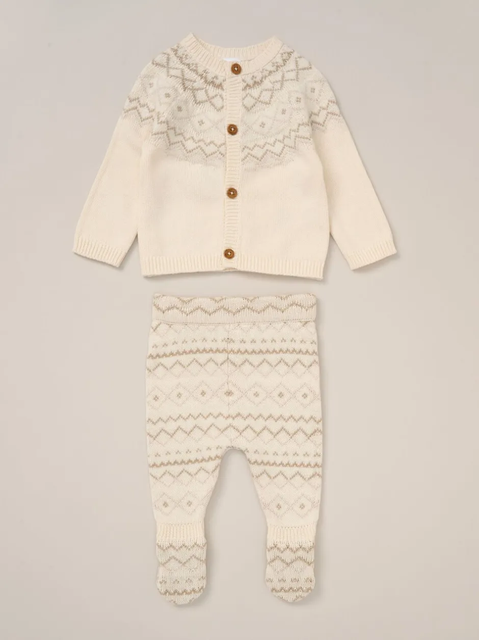 Gebreide Kleding*Rock-A-Bye Baby Boutique True Knit Fairisle Pattern White Cardigan And Footed Trousers Outfit Set