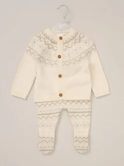 Gebreide Kleding*Rock-A-Bye Baby Boutique True Knit Fairisle Pattern White Cardigan And Footed Trousers Outfit Set