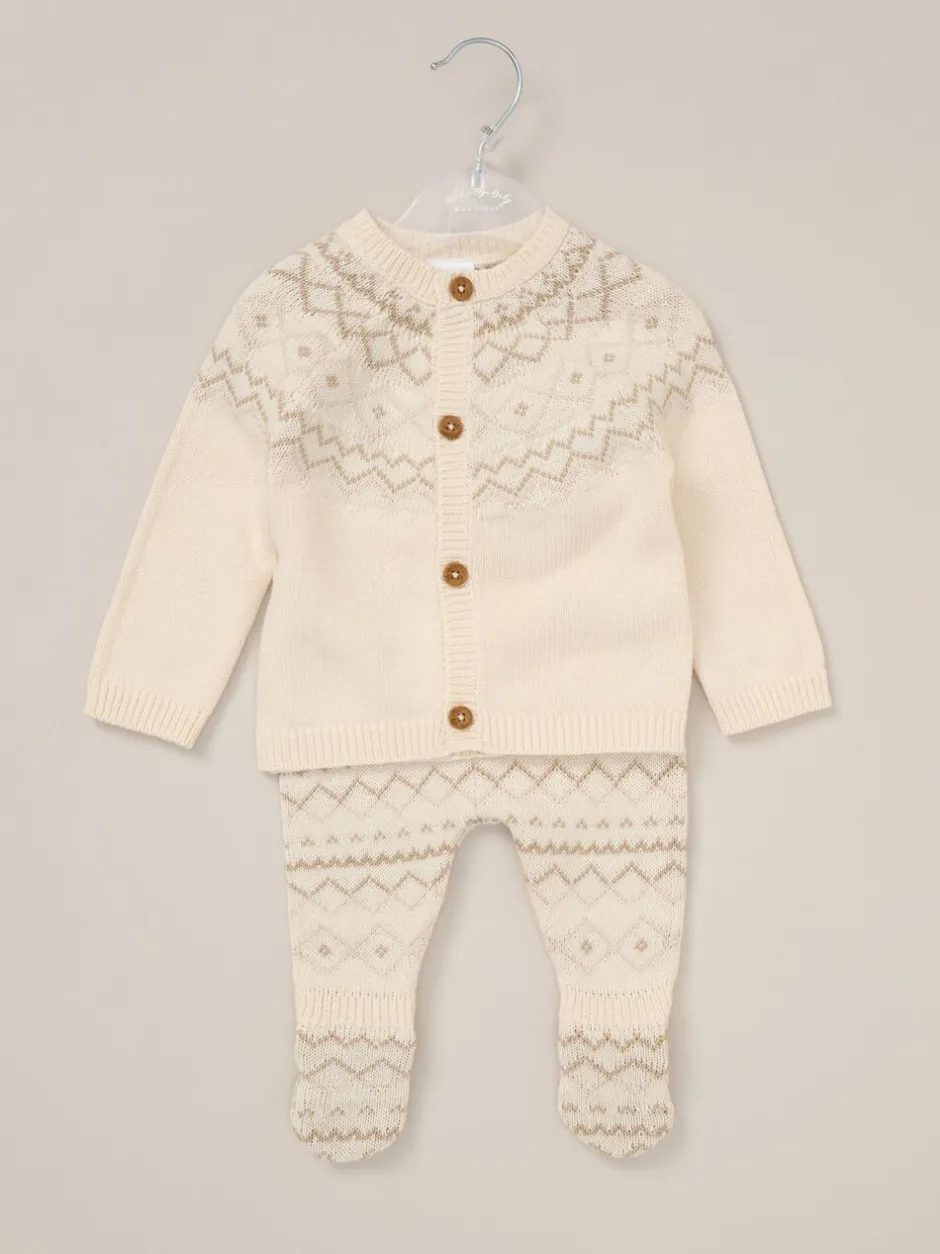 Gebreide Kleding*Rock-A-Bye Baby Boutique True Knit Fairisle Pattern White Cardigan And Footed Trousers Outfit Set