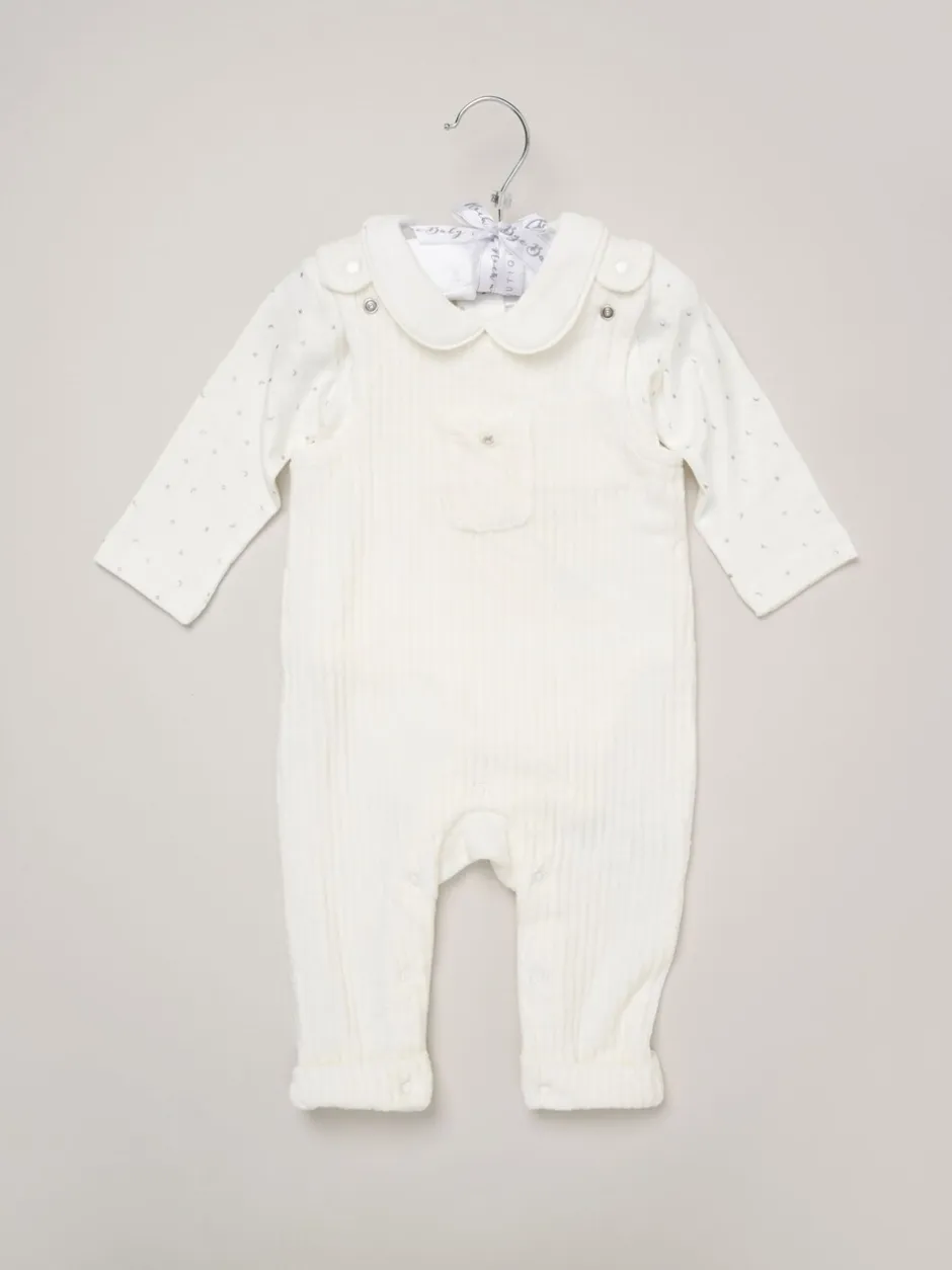 Rompertjes En Tuinbroeken|Tuinbroeken|Rock-A-Bye Baby Boutique witte velours baby bretelbroeken en bodysuit set