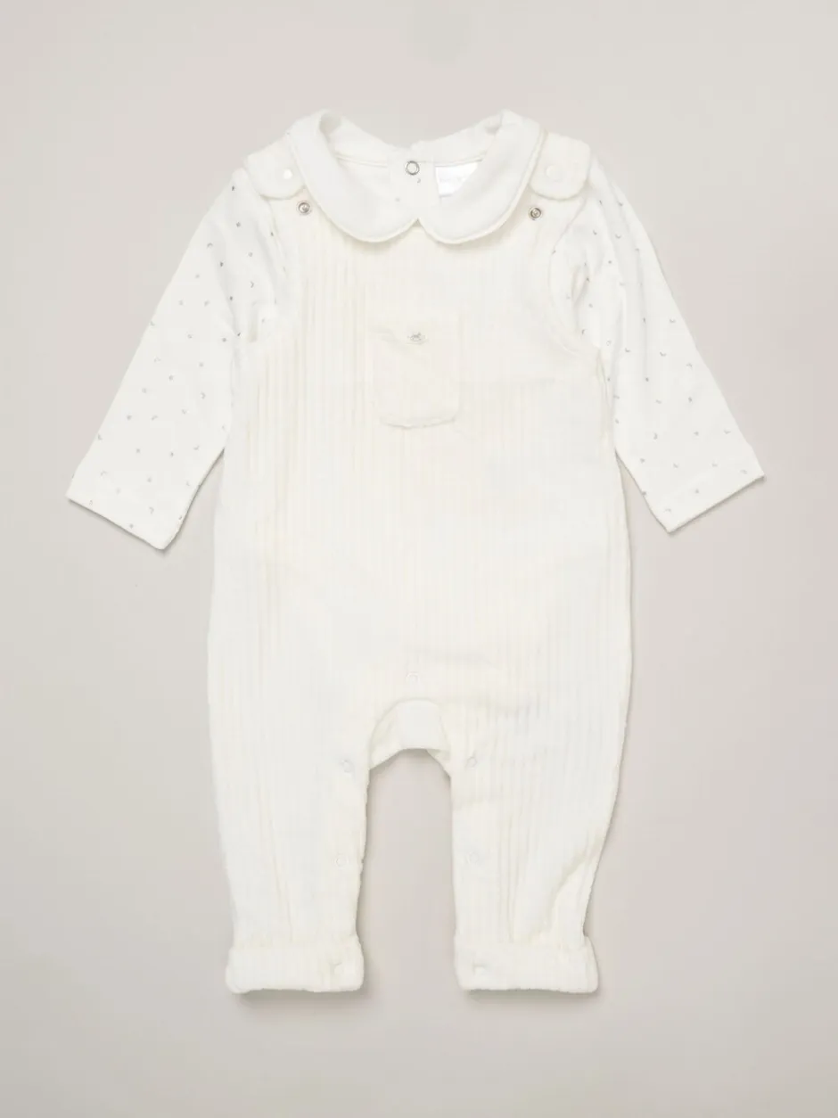 Rompertjes En Tuinbroeken|Tuinbroeken|Rock-A-Bye Baby Boutique witte velours baby bretelbroeken en bodysuit set