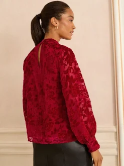 Blouses En Overhemden|Love & Roses Rode fluweel Devoré - blouse met lange mouwen en striksluiting
