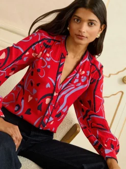 Blouses En Overhemden|Tops En T-Shirts*Love & Roses Rode print - blouse met lange mouwen en inkeping