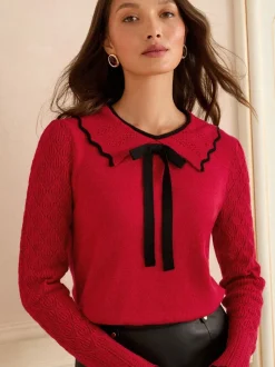 Gebreide Kleding*Love & Roses - gebreide trui met kraag Rode strik met randcontrast