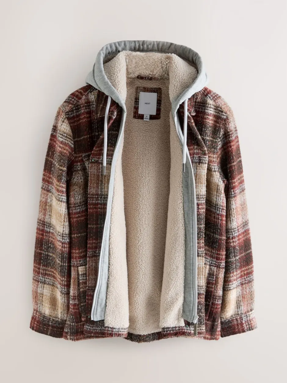 Jassen En Jacks*Next Roestbruin - Borg gevoerd ruit overshirt met capuchon