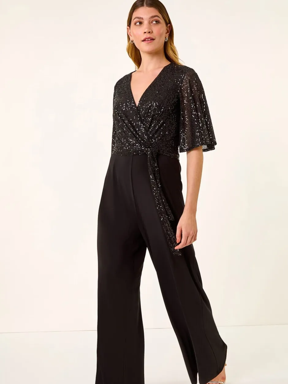 Jumpsuits En Playsuits*Roman Sequin Flutter Sleeve Stretch Jumpsuit