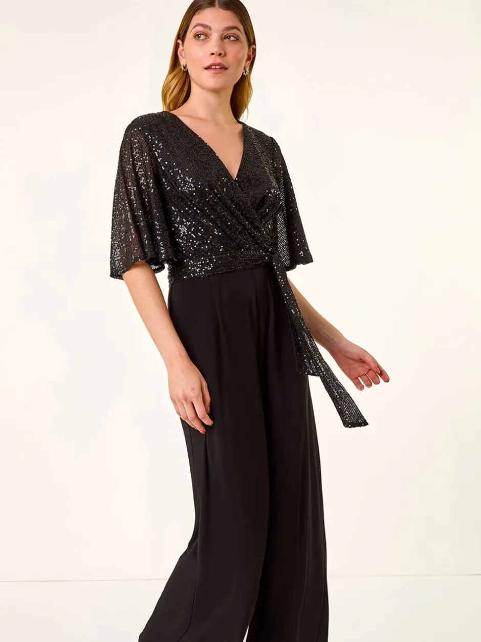 Jumpsuits En Playsuits*Roman Sequin Flutter Sleeve Stretch Jumpsuit