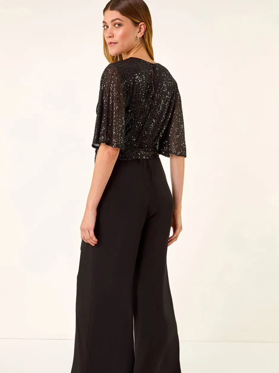 Jumpsuits En Playsuits*Roman Sequin Flutter Sleeve Stretch Jumpsuit