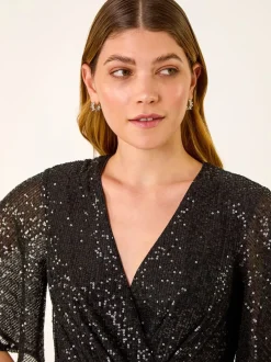 Jumpsuits En Playsuits*Roman Sequin Flutter Sleeve Stretch Jumpsuit