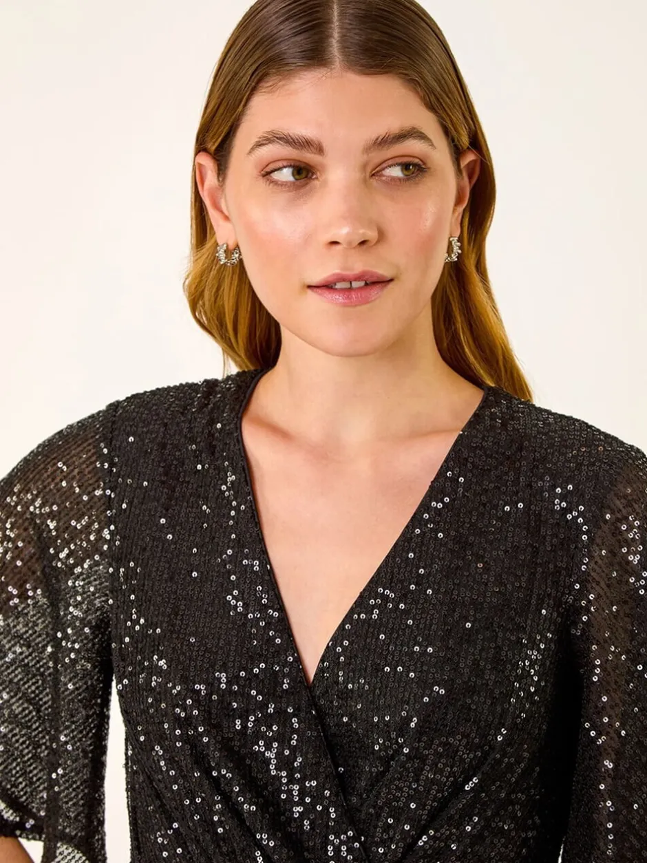Jumpsuits En Playsuits*Roman Sequin Flutter Sleeve Stretch Jumpsuit